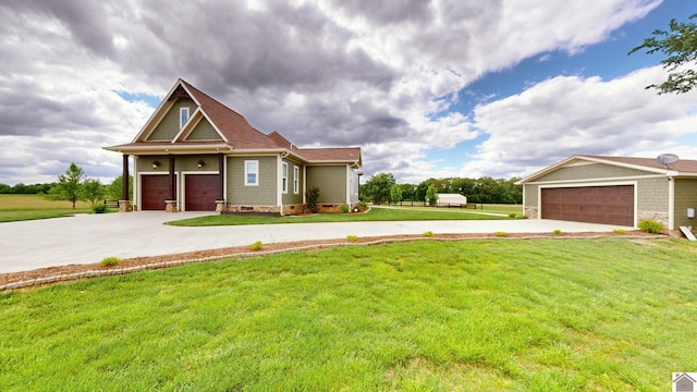 craftsman inspired home with a garage and a front lawn