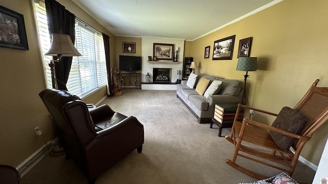 carpeted living room featuring ornamental molding and a brick fireplace