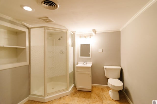 bathroom featuring vanity, crown molding, tile patterned flooring, toilet, and a shower with shower door