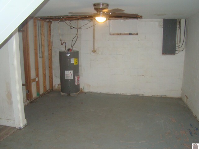 basement featuring electric panel and electric water heater