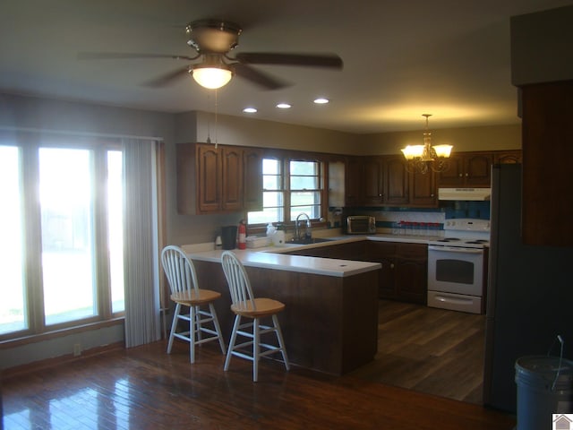 kitchen featuring under cabinet range hood, dark wood finished floors, a peninsula, white electric range oven, and a sink