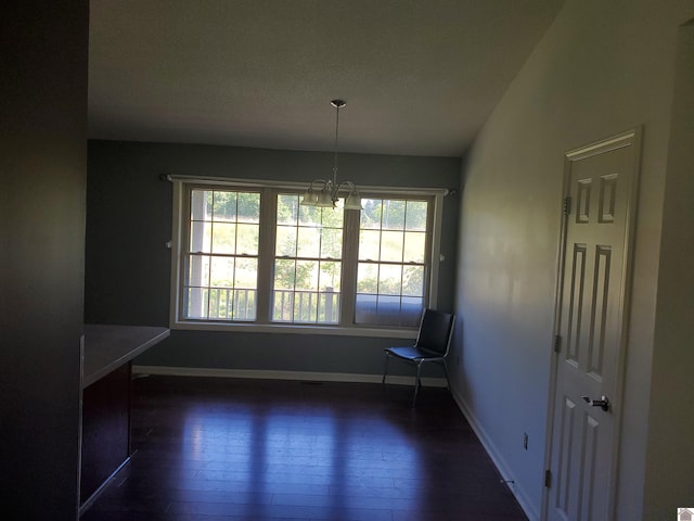 unfurnished dining area with dark hardwood / wood-style flooring, vaulted ceiling, and a healthy amount of sunlight