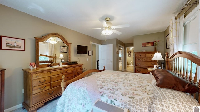 bedroom featuring ceiling fan and carpet floors