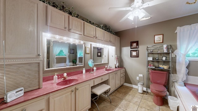 bathroom with ceiling fan, tile patterned flooring, a textured ceiling, toilet, and vanity