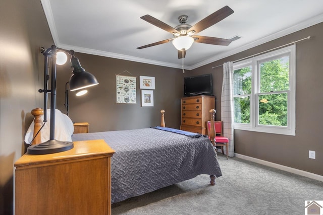 bedroom featuring carpet floors, ceiling fan, and ornamental molding