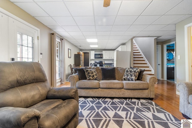 living room with a paneled ceiling, hardwood / wood-style flooring, and ceiling fan