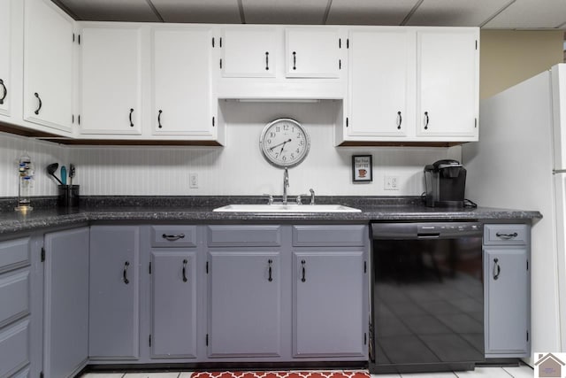 kitchen featuring a paneled ceiling, sink, white cabinetry, and black dishwasher