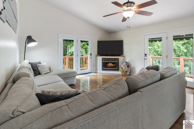 living room with a wealth of natural light, ceiling fan, lofted ceiling, and hardwood / wood-style flooring