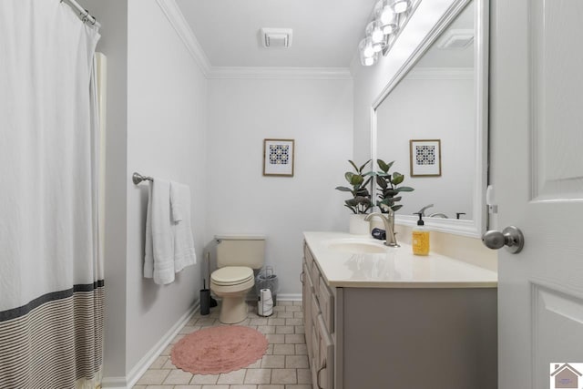 bathroom featuring tile patterned floors, toilet, vanity, and ornamental molding