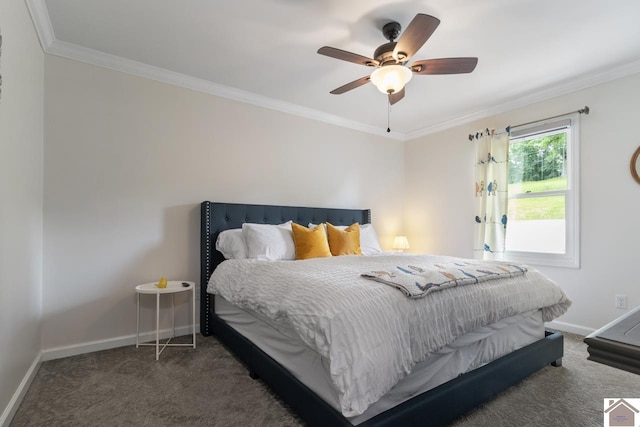 carpeted bedroom featuring ceiling fan and ornamental molding