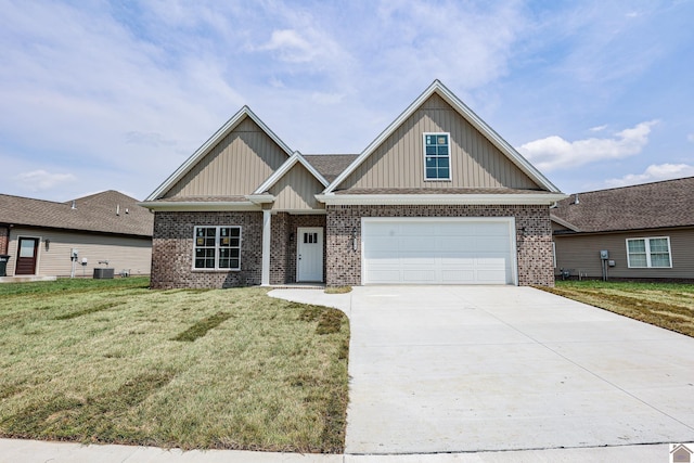 craftsman-style house with brick siding, board and batten siding, concrete driveway, and a front yard