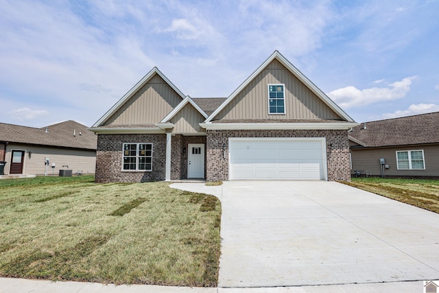 craftsman-style house with cooling unit and a front lawn