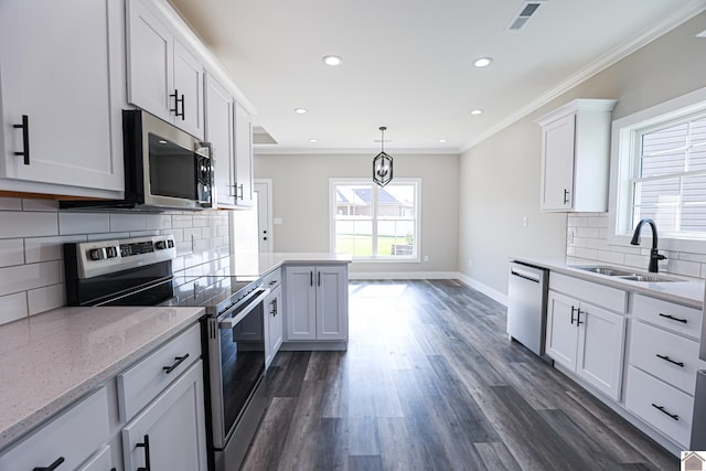 kitchen with a sink, appliances with stainless steel finishes, dark wood finished floors, visible vents, and ornamental molding