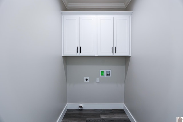 laundry room with crown molding, cabinets, washer hookup, and hookup for an electric dryer