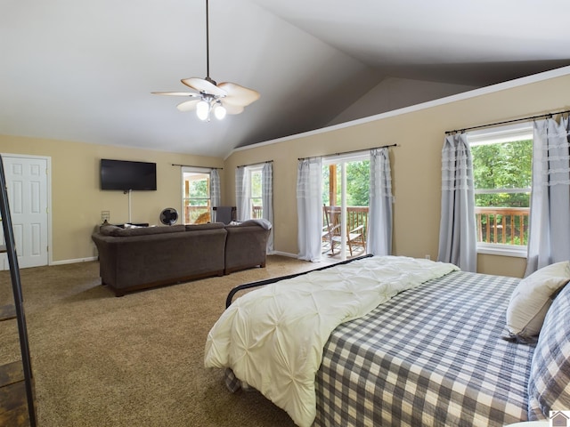 bedroom with ceiling fan, vaulted ceiling, carpet floors, and multiple windows