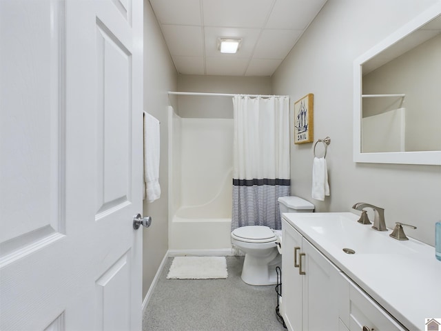 full bathroom featuring large vanity, toilet, and shower / tub combo with curtain