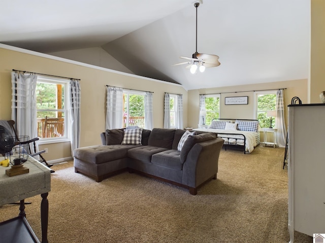 living room with high vaulted ceiling, carpet, and ceiling fan