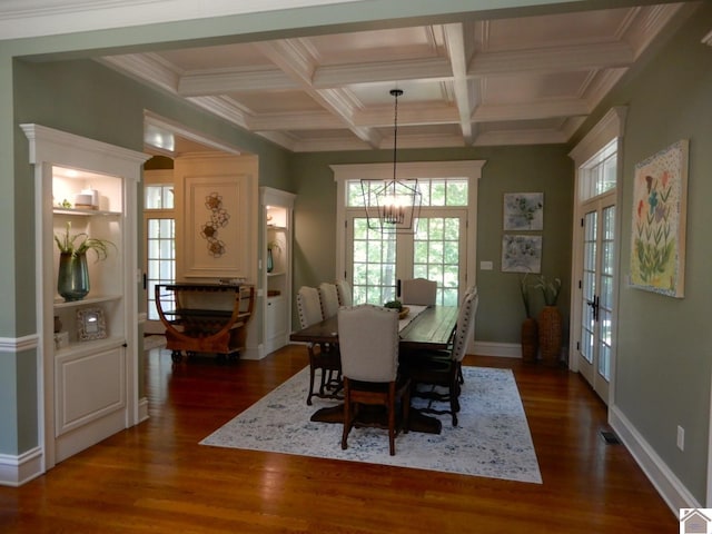 dining area featuring dark hardwood / wood-style flooring, crown molding, beam ceiling, and coffered ceiling