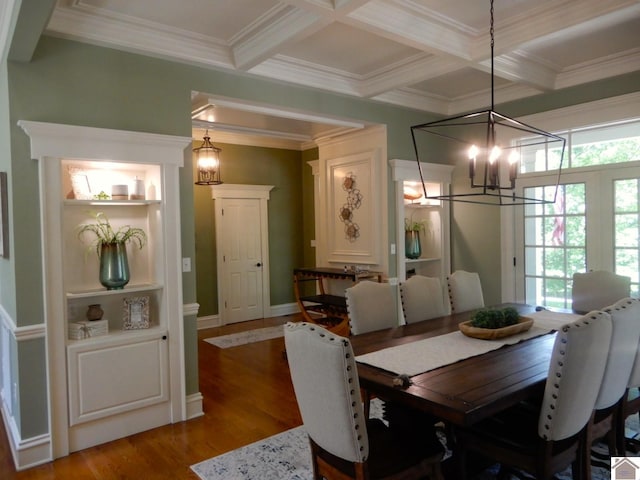 dining space with beam ceiling, coffered ceiling, hardwood / wood-style flooring, ornamental molding, and a chandelier