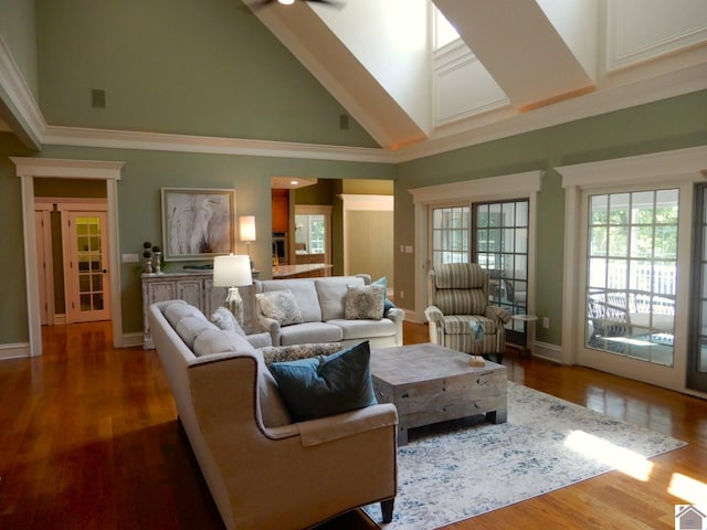 living room with high vaulted ceiling and hardwood / wood-style flooring