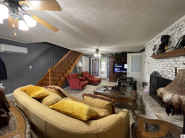 tiled living room featuring a textured ceiling, ceiling fan, brick wall, and a wall mounted air conditioner