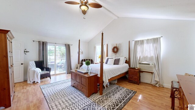 bedroom with access to exterior, light hardwood / wood-style floors, ceiling fan, and beamed ceiling