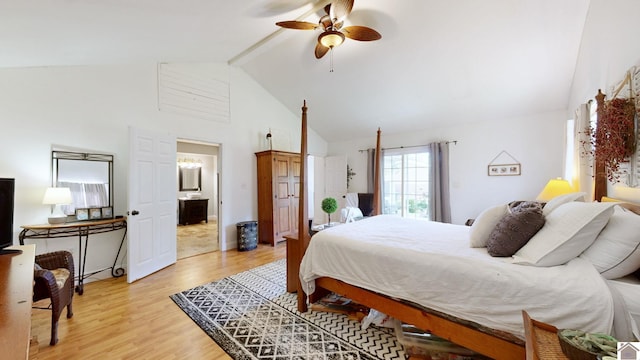 bedroom featuring beamed ceiling, ceiling fan, high vaulted ceiling, and light hardwood / wood-style flooring