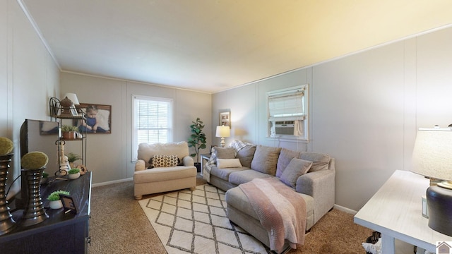 living room with light carpet, cooling unit, and ornamental molding