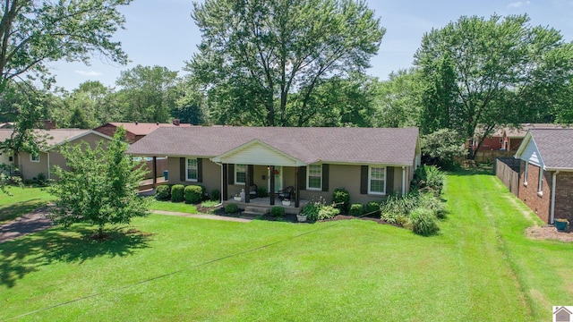 ranch-style home with a porch and a front yard