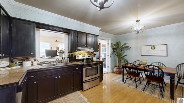 kitchen with sink, hanging light fixtures, light hardwood / wood-style flooring, stainless steel electric range oven, and tasteful backsplash