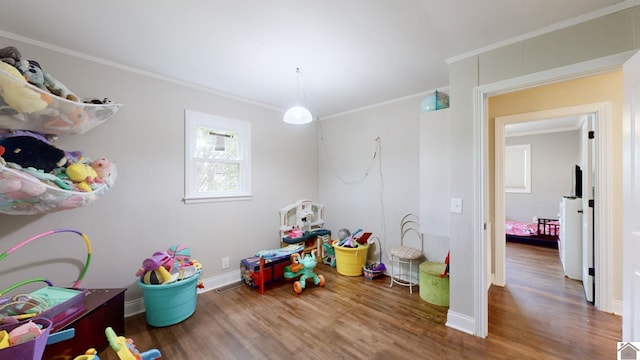 playroom with hardwood / wood-style floors and crown molding