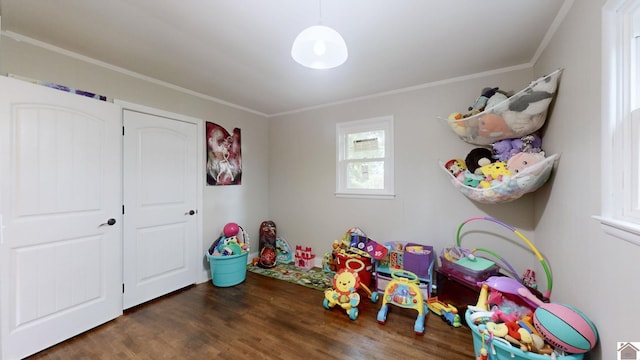 recreation room with crown molding and dark hardwood / wood-style floors