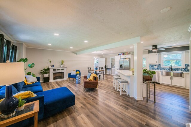 living room with sink, wood-type flooring, a textured ceiling, and ceiling fan