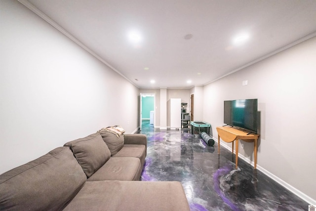 living room with concrete flooring and crown molding