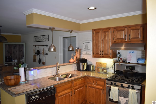 kitchen with sink, stainless steel range with gas stovetop, black dishwasher, pendant lighting, and backsplash