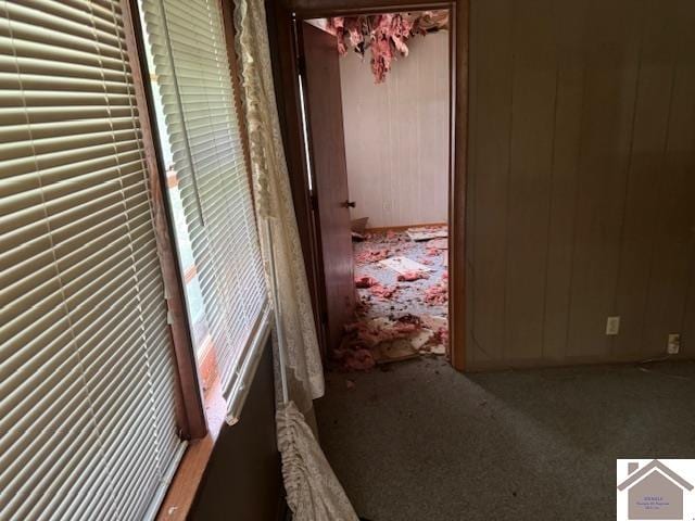 hallway with dark colored carpet