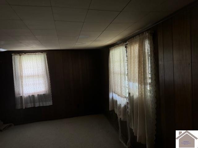 carpeted spare room featuring a drop ceiling