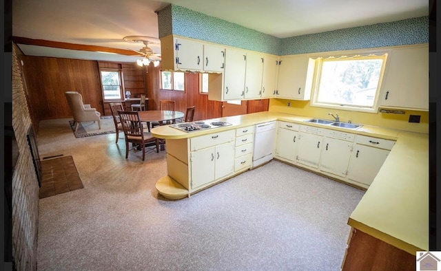 kitchen with wood walls, white dishwasher, stainless steel gas cooktop, sink, and ceiling fan