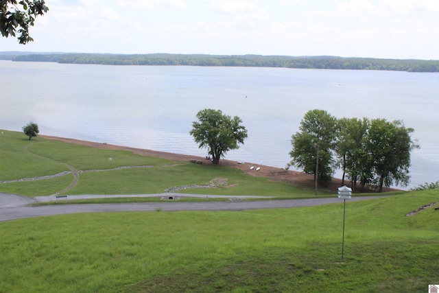 exterior space featuring a lawn and a water view