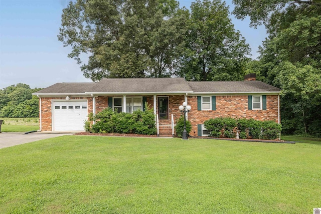 ranch-style house with a garage and a front yard