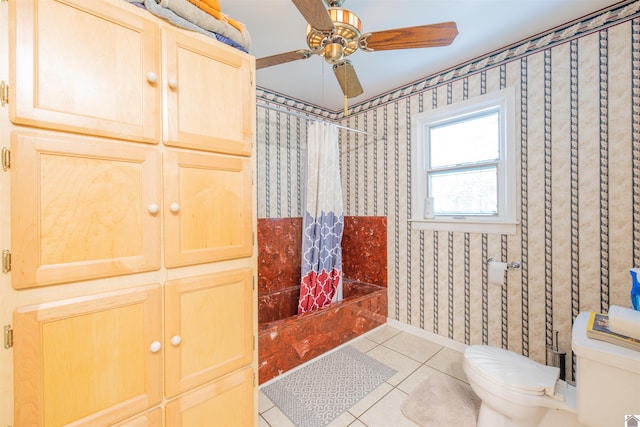 bathroom featuring toilet, tile patterned floors, and ceiling fan