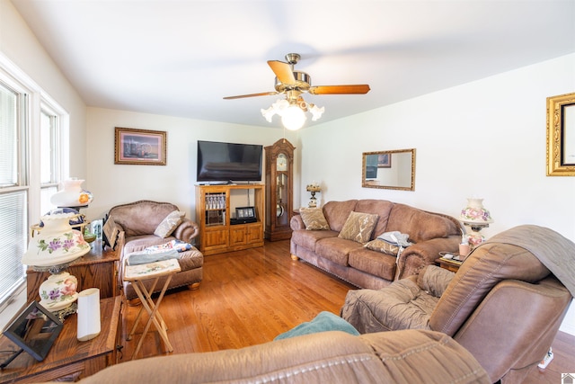 living room with hardwood / wood-style flooring and ceiling fan