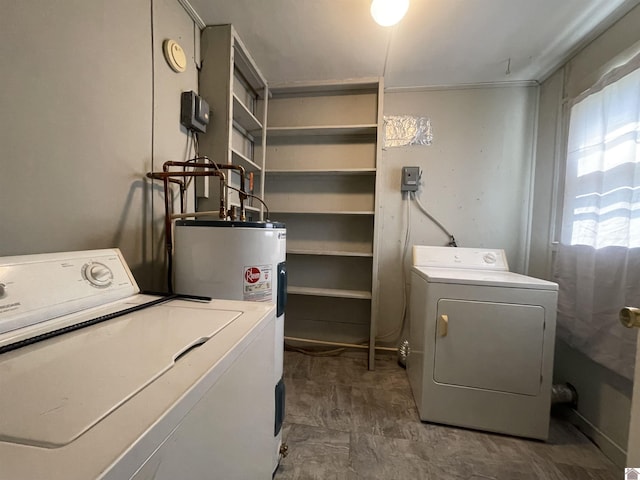 laundry area featuring laundry area, electric water heater, and washer and dryer