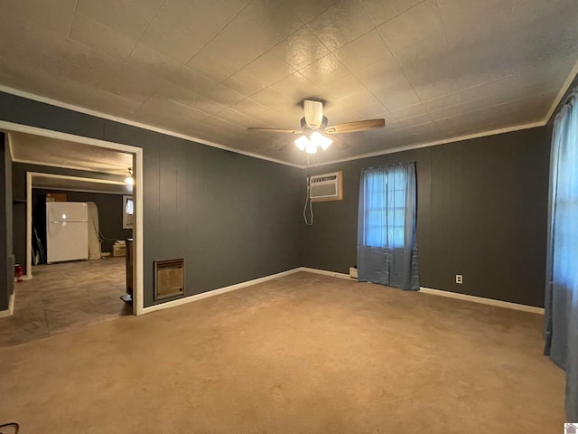 unfurnished room featuring a wall mounted AC, carpet, and ceiling fan