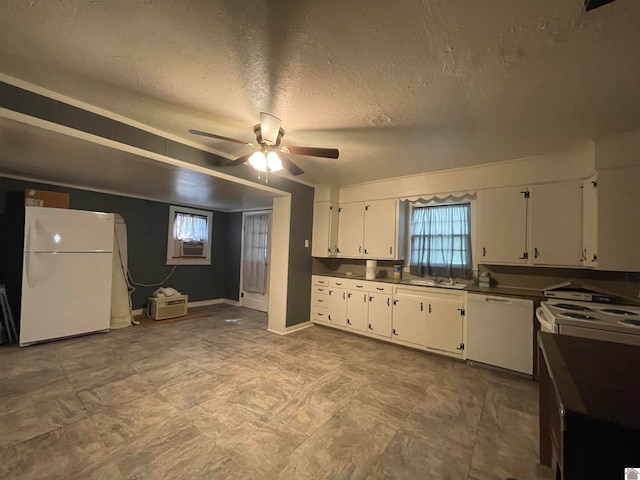 kitchen with white appliances, light tile patterned floors, white cabinets, ceiling fan, and cooling unit