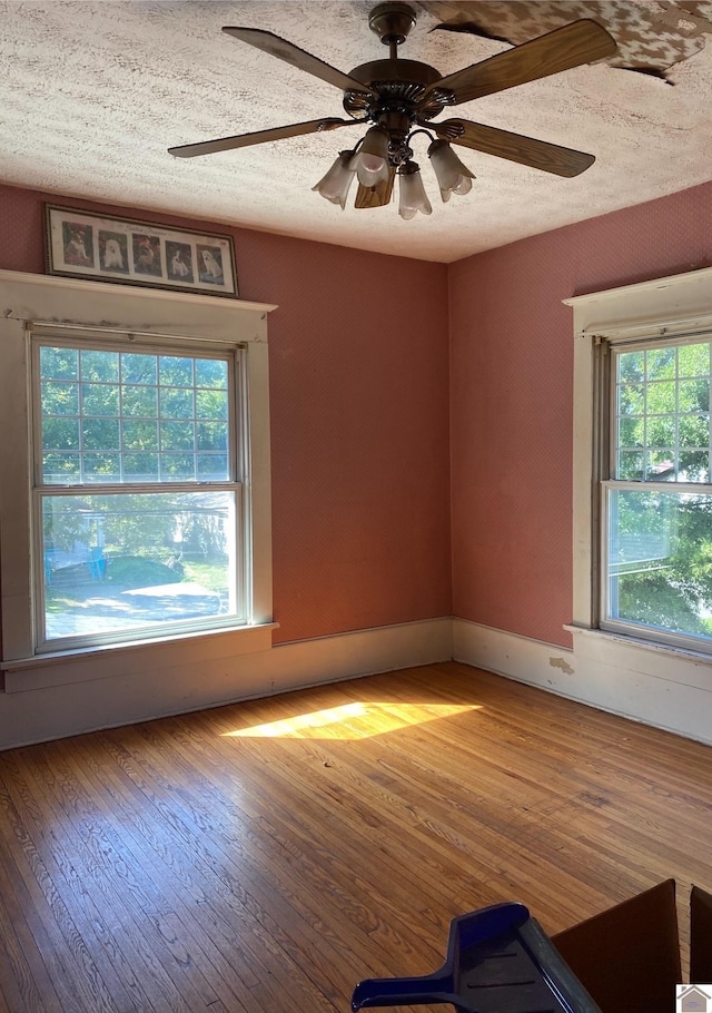 unfurnished room featuring hardwood / wood-style flooring, ceiling fan, and a textured ceiling