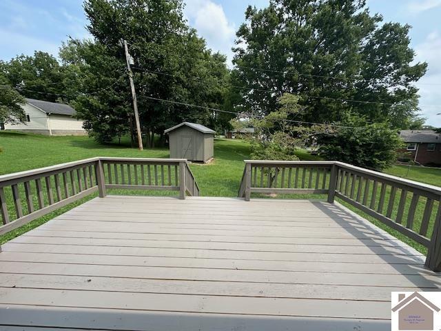 wooden terrace with a lawn and a storage unit