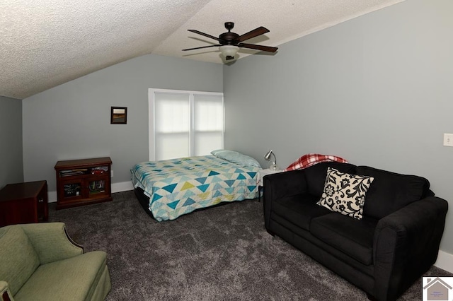 carpeted bedroom with ceiling fan, lofted ceiling, and a textured ceiling