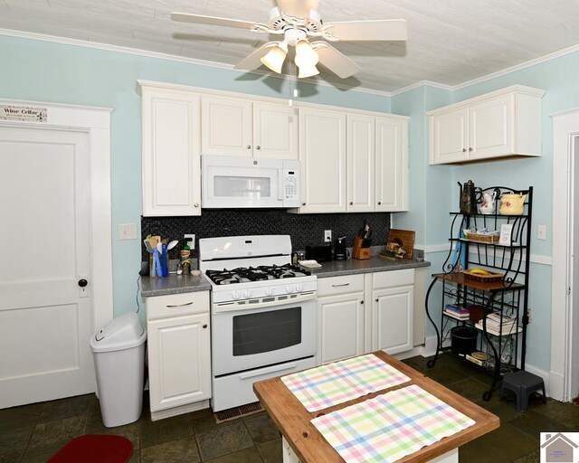 kitchen featuring ceiling fan, tasteful backsplash, white cabinets, crown molding, and white appliances