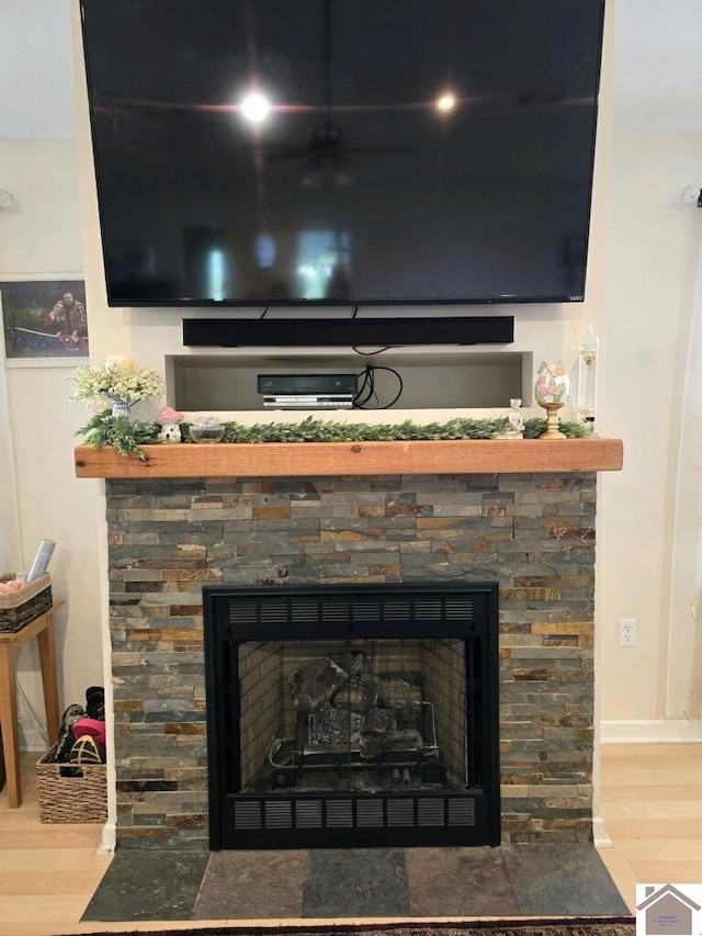 details with wood-type flooring and a stone fireplace